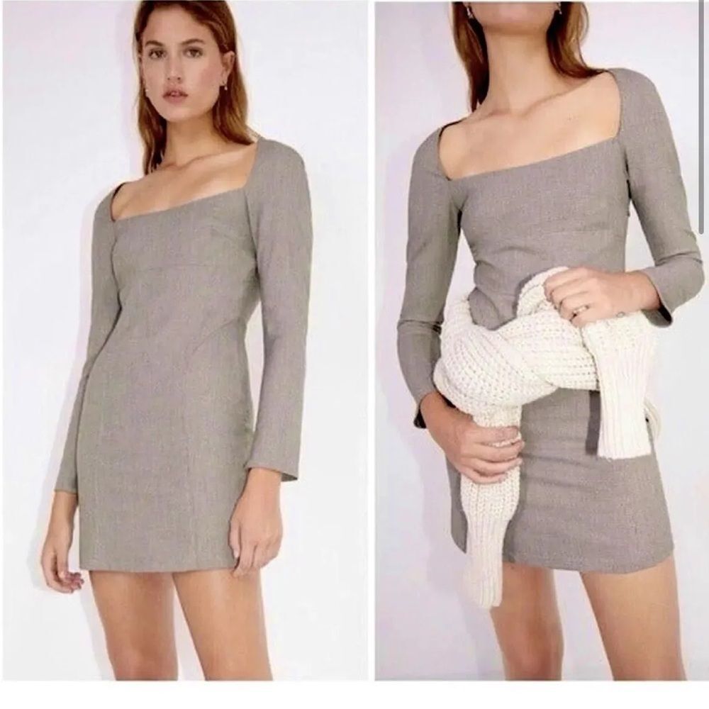 Zara NWT Tailored Square Neck Long Sleeve Mini Dress Plaid Brown Size M